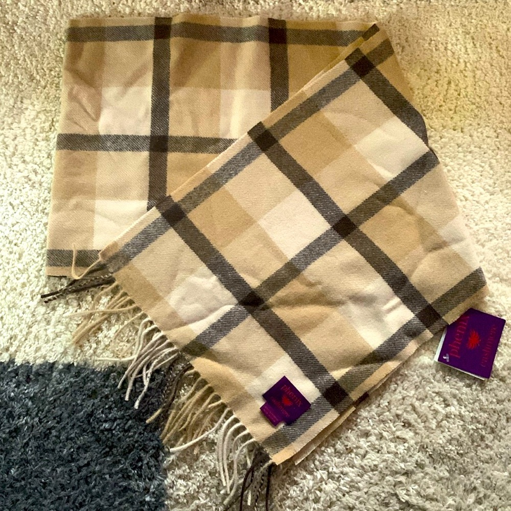 Phenix Cashmere scarf!  Tan and black plaid!  New with tags!